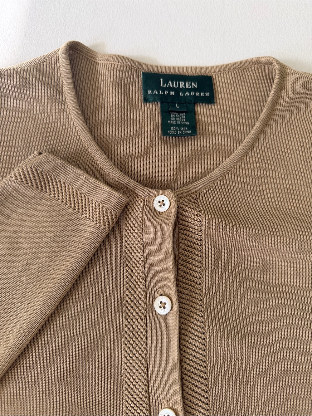 Lauren Ralph Lauren Women's Camel Crewneck 100% Silk Cardigan Sweater Size Large - Picture 2 of 8
